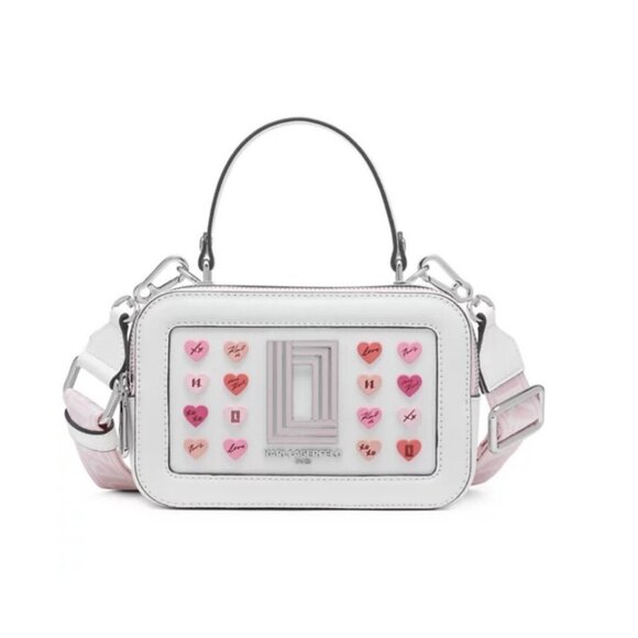 KARL LAGERFELD Paris Simone leather women's camera crossbody bag -Hearts /White - Picture 1 of 13